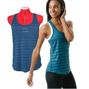 2/$25 Zyia Active Havana Blue Teal Striped Racer Back Tank Top Size Large